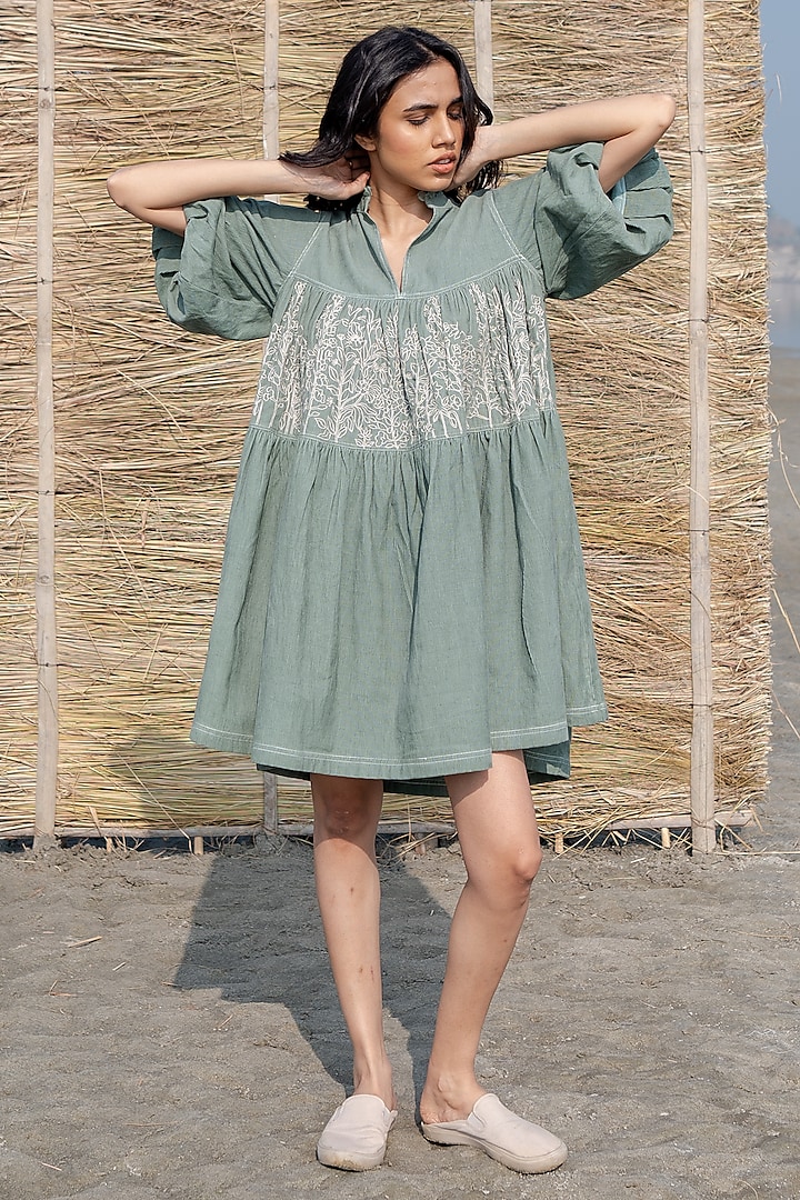 Green Corduroy Hand Embroidered Tiered Dress by AYAKA
