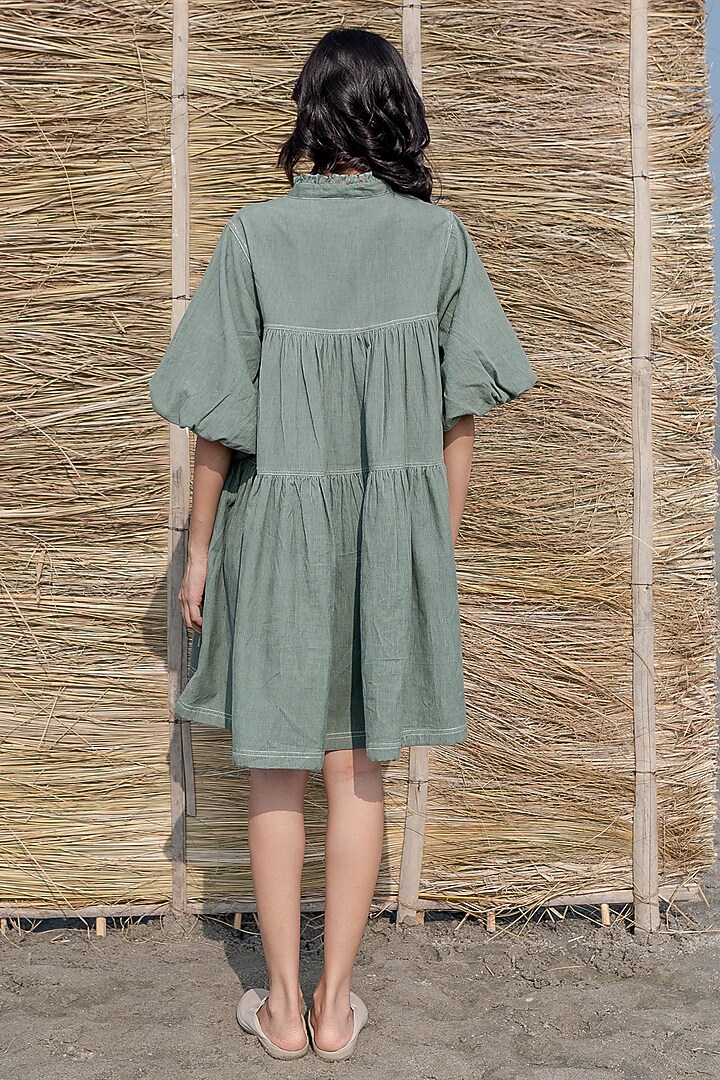 Green Corduroy Hand Embroidered Tiered Summer Dress by AYAKA at Pernia's Pop Up Shop