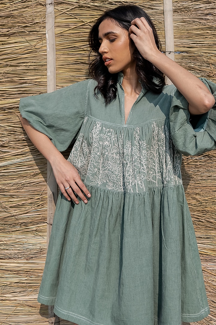Green Corduroy Hand Embroidered Tiered Summer Dress by AYAKA at Pernia's Pop Up Shop