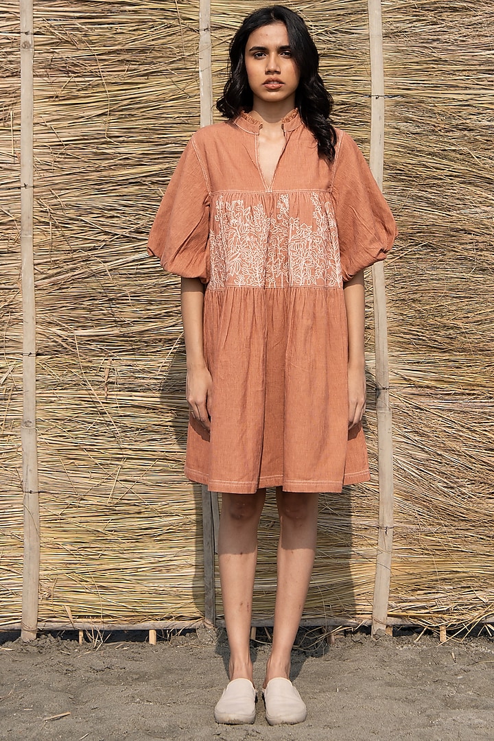 Brown Corduroy Hand Embroidered Tiered Dress by AYAKA
