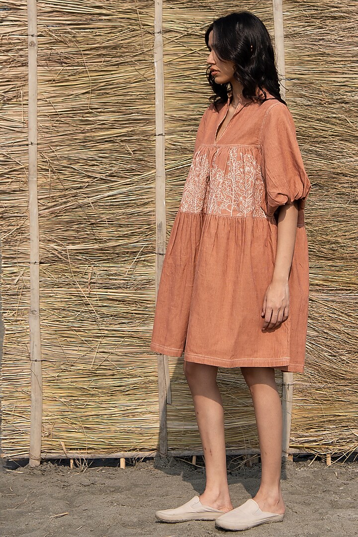 Brown Corduroy Hand Embroidered Tiered Summer Dress by AYAKA at Pernia's Pop Up Shop