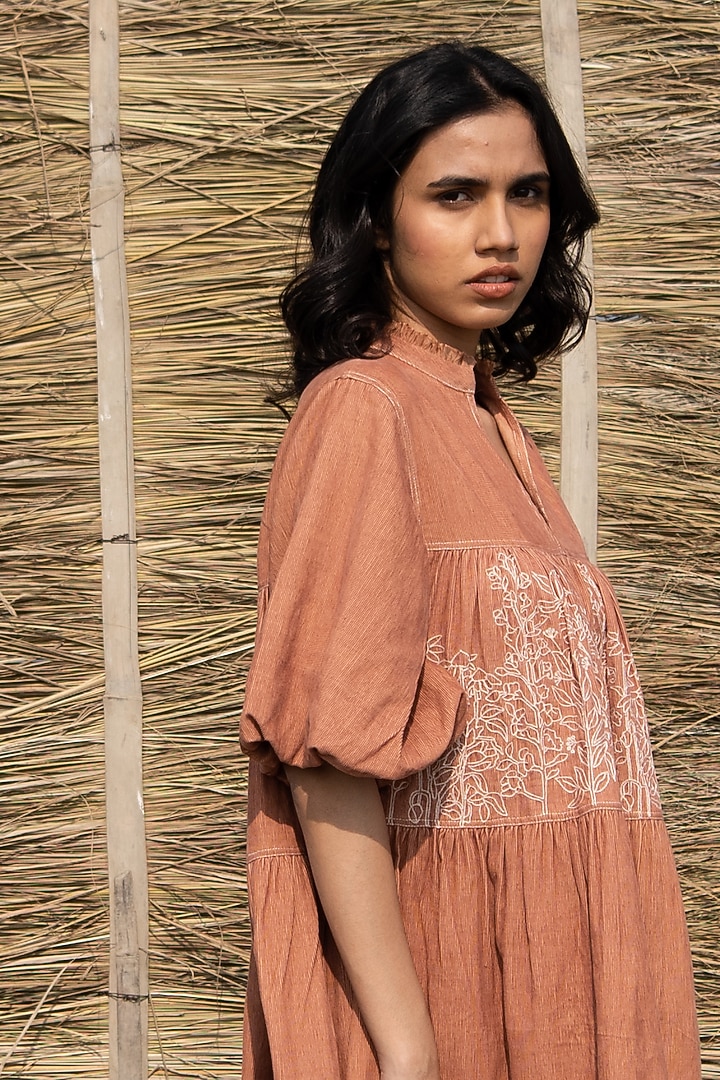 Brown Corduroy Hand Embroidered Tiered Summer Dress by AYAKA at Pernia's Pop Up Shop