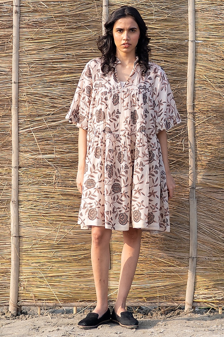 Ivory Viscose Tabby Floral Printed Tiered Dress by AYAKA