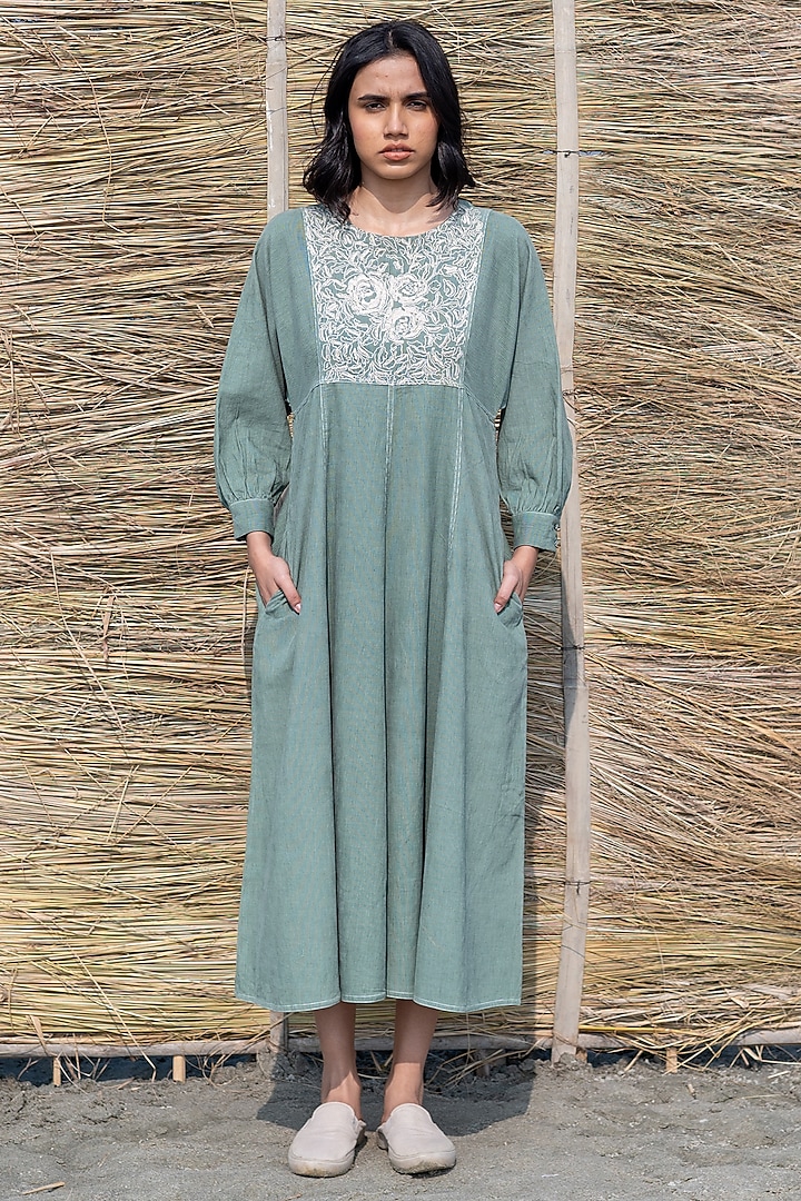 Green Corduroy Hand Embroidered Paneled Dress by AYAKA