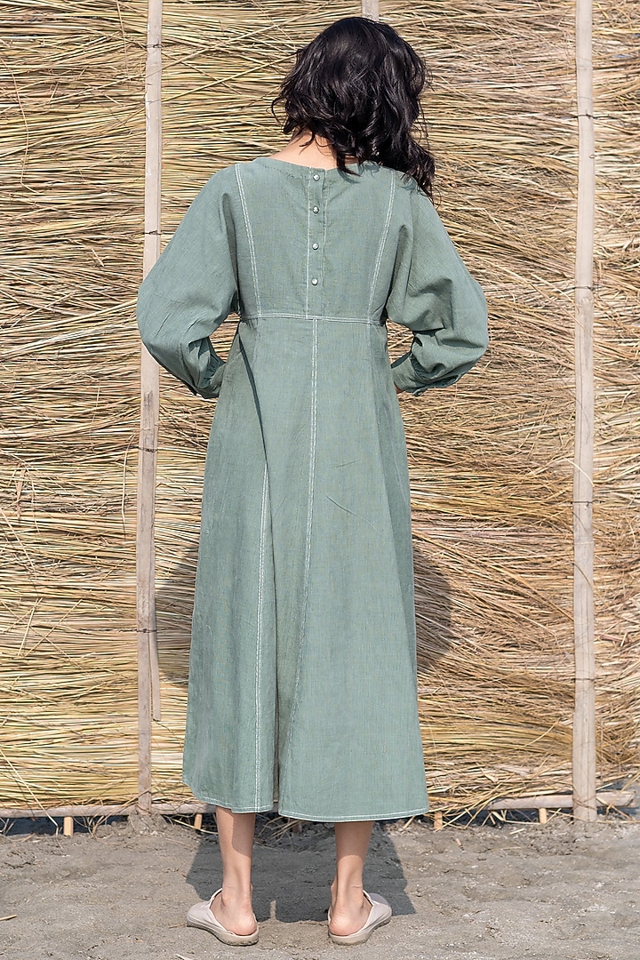 Green Corduroy Hand Embroidered Paneled Summer Dress by AYAKA at Pernia's Pop Up Shop