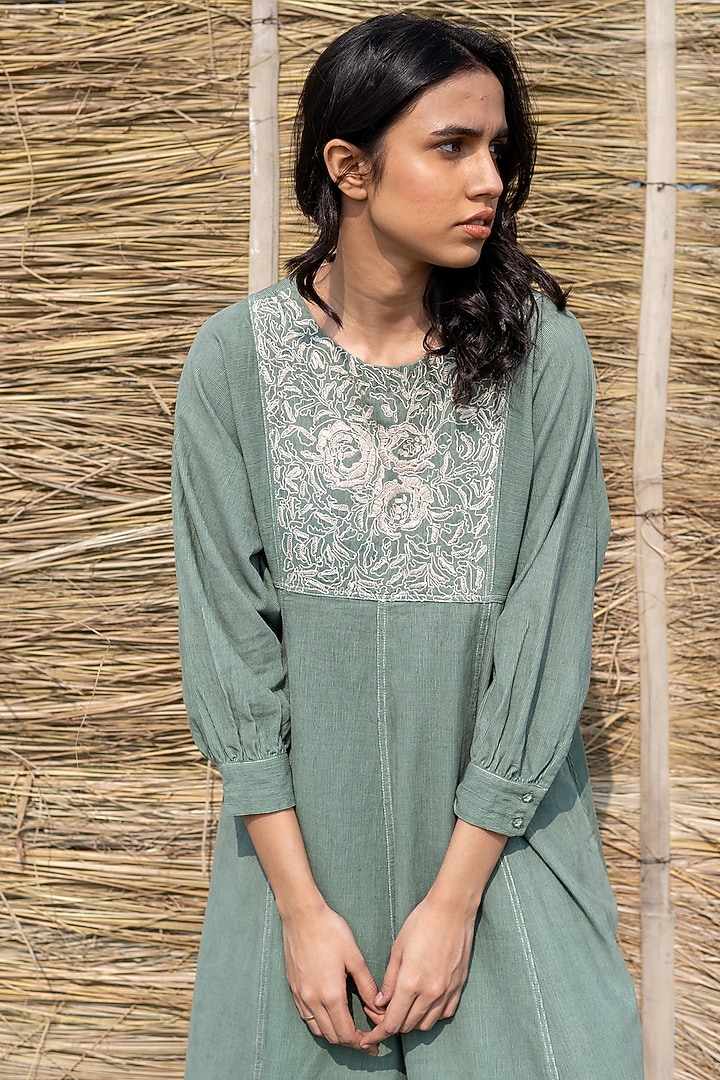 Green Corduroy Hand Embroidered Paneled Summer Dress by AYAKA at Pernia's Pop Up Shop