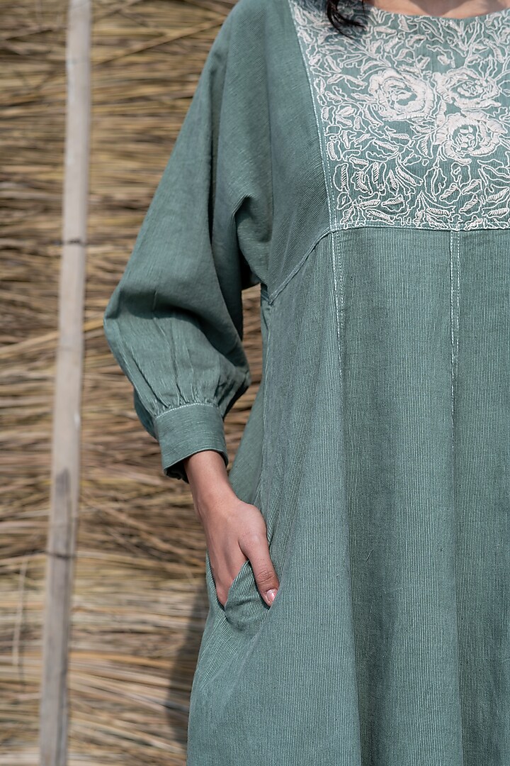 Green Corduroy Hand Embroidered Paneled Summer Dress by AYAKA at Pernia's Pop Up Shop