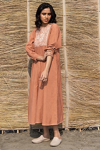 Brown Corduroy Hand Embroidered Paneled Dress by AYAKA