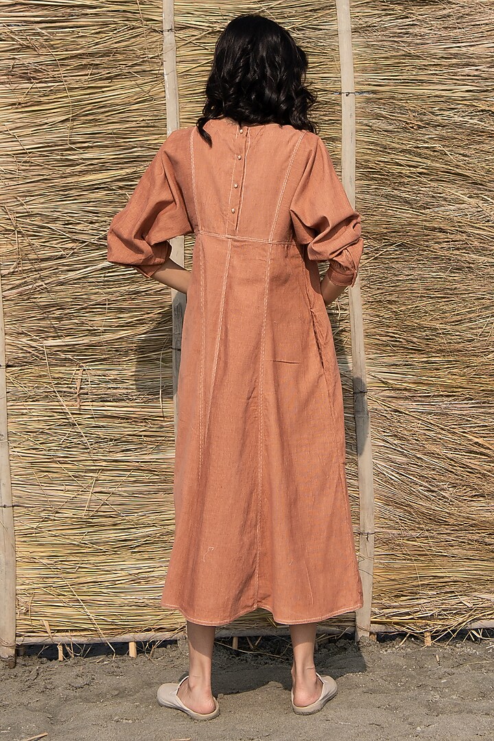 Brown Corduroy Hand Embroidered Paneled Summer Dress by AYAKA at Pernia's Pop Up Shop