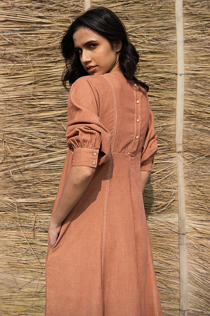 Brown Corduroy Hand Embroidered Paneled Summer Dress by AYAKA at Pernia's Pop Up Shop