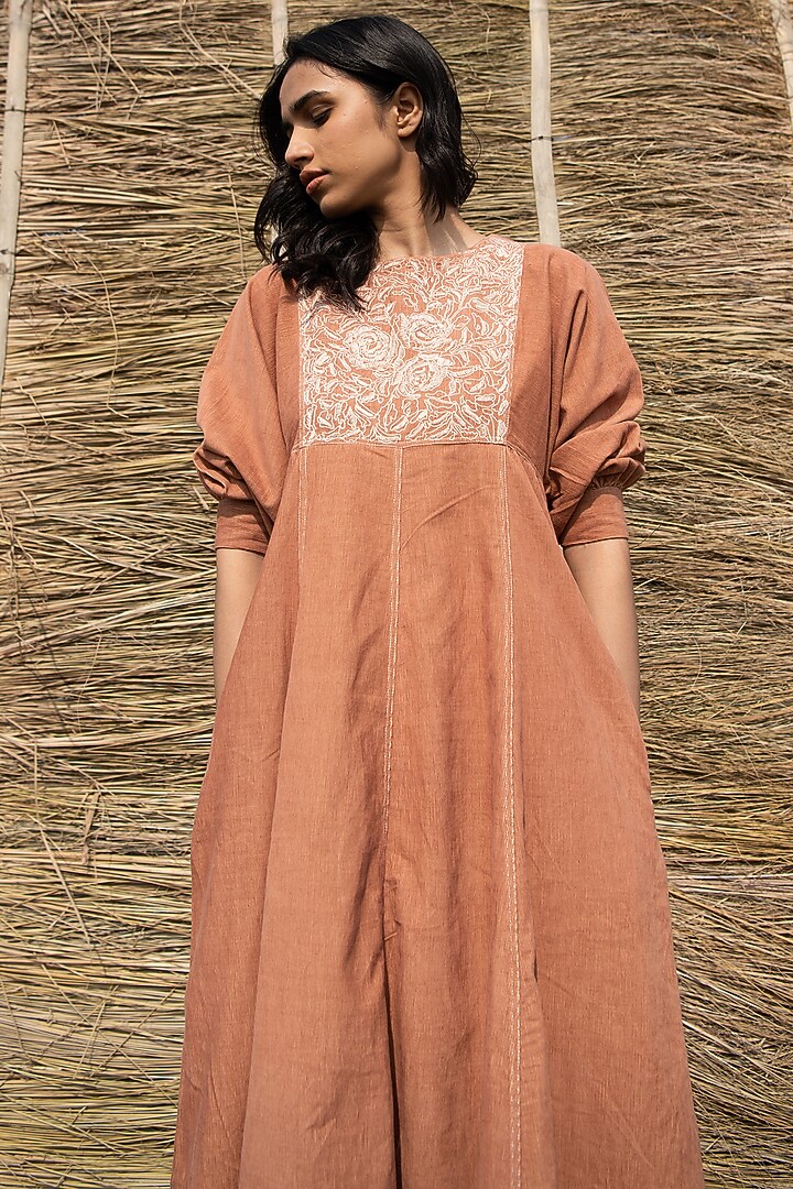 Brown Corduroy Hand Embroidered Paneled Summer Dress by AYAKA at Pernia's Pop Up Shop