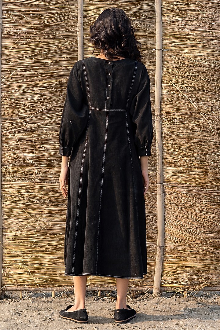 Black Corduroy Hand Embroidered Paneled Summer Dress by AYAKA at Pernia's Pop Up Shop