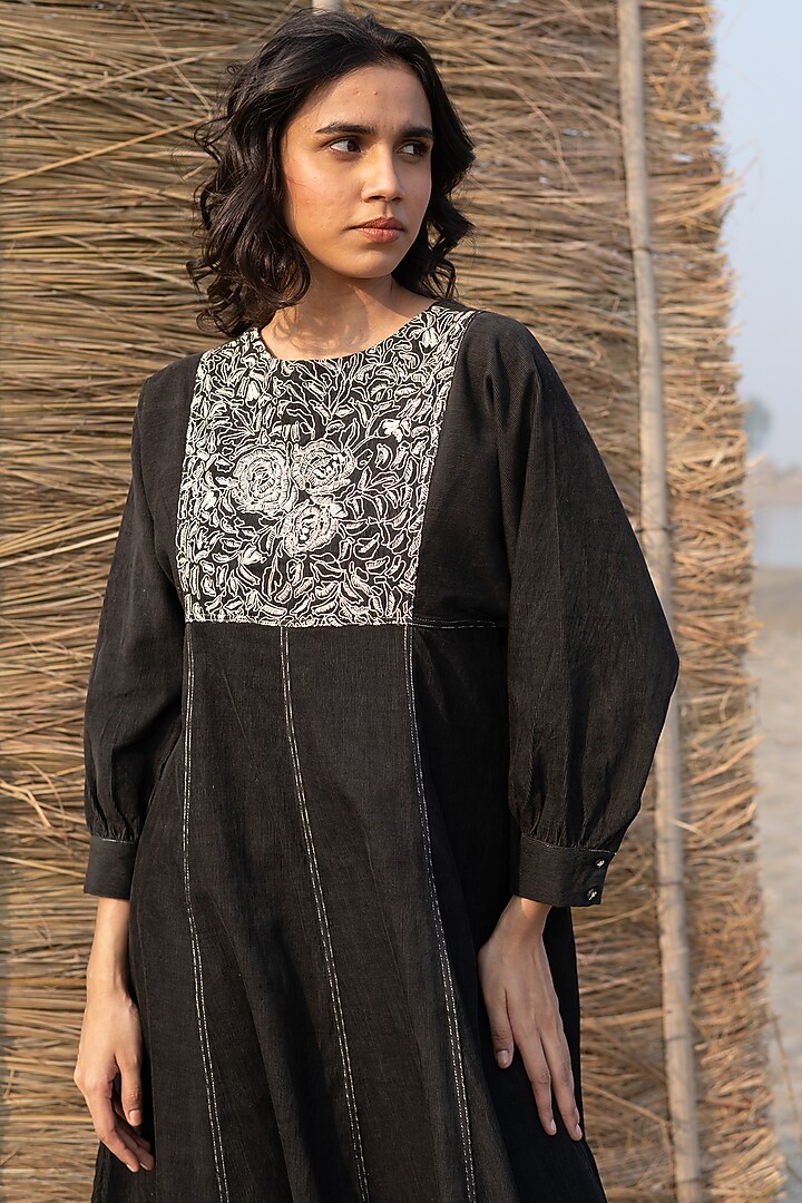 Black Corduroy Hand Embroidered Paneled Summer Dress by AYAKA at Pernia's Pop Up Shop