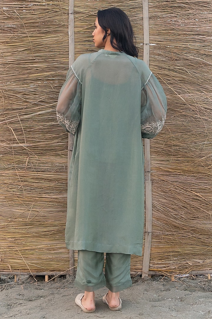 Green Viscose Tabby & Silk Organza Hand Embroidered Tunic by AYAKA at Pernia's Pop Up Shop