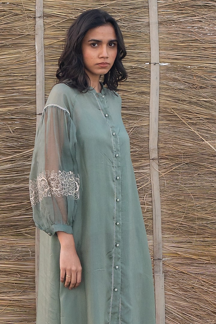 Green Viscose Tabby & Silk Organza Hand Embroidered Tunic by AYAKA at Pernia's Pop Up Shop