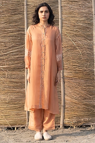 Brown Viscose Tabby & Silk Organza Hand Embroidered Tunic by AYAKA
