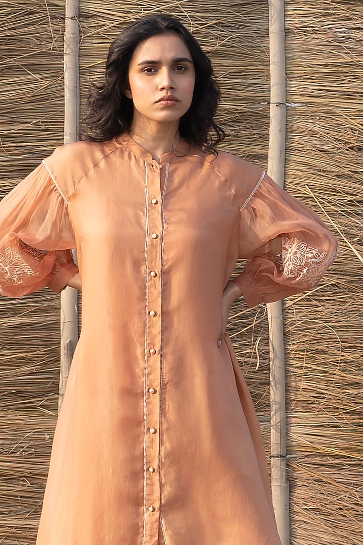 Brown Viscose Tabby & Silk Organza Hand Embroidered Tunic by AYAKA at Pernia's Pop Up Shop