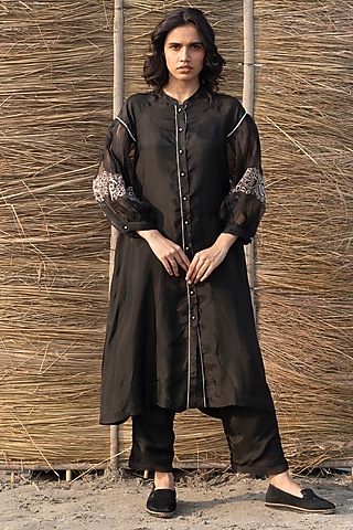 Black Viscose Tabby & Silk Organza Hand Embroidered Tunic by AYAKA