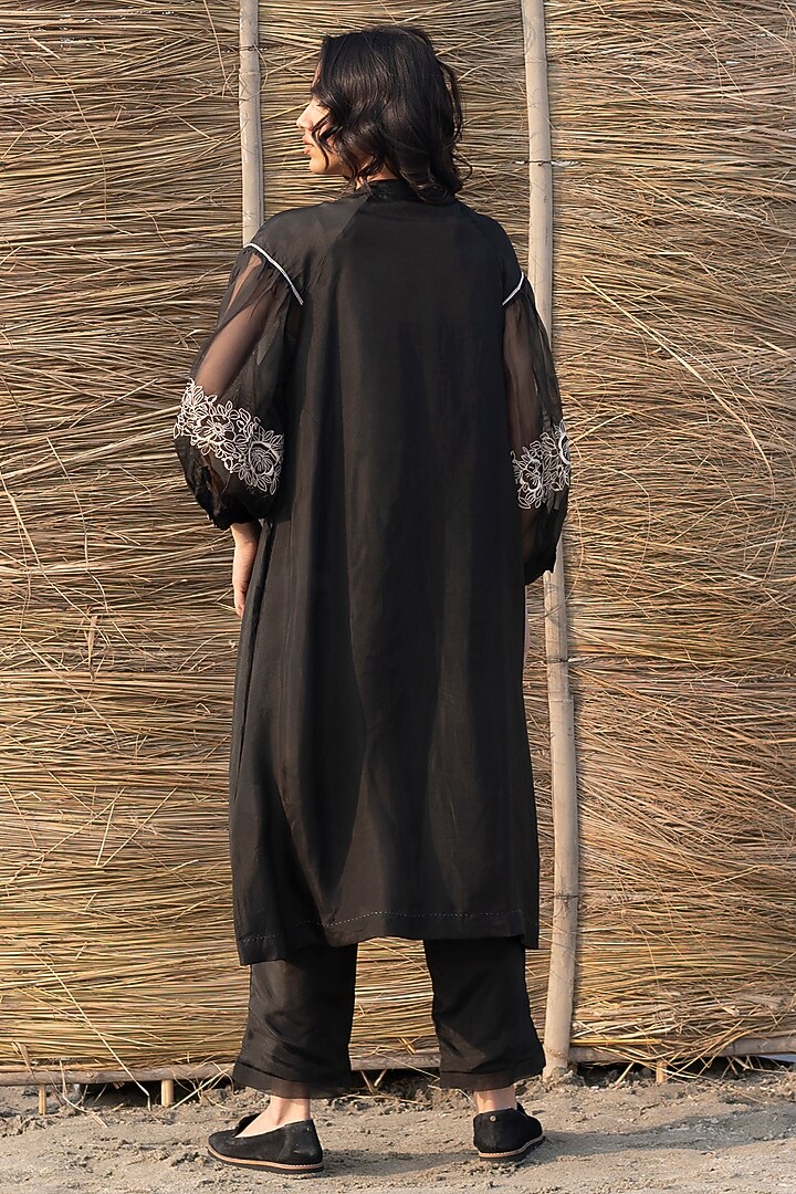 Black Viscose Tabby & Silk Organza Hand Embroidered Tunic by AYAKA at Pernia's Pop Up Shop