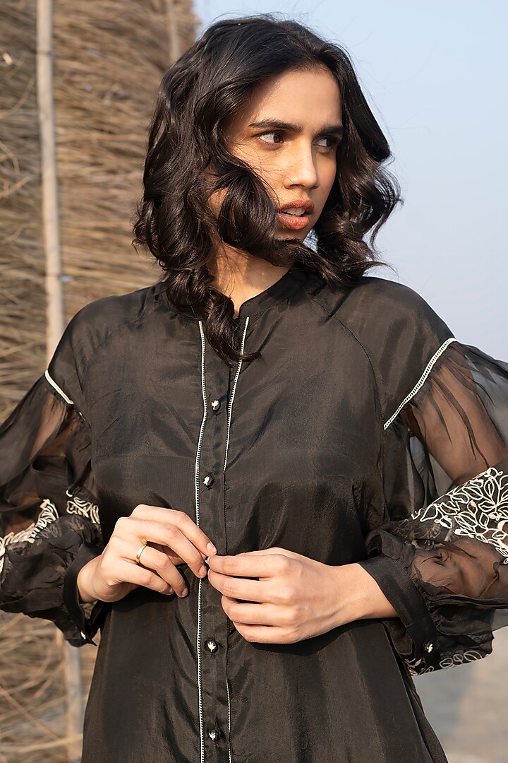 Black Viscose Tabby & Silk Organza Hand Embroidered Tunic by AYAKA at Pernia's Pop Up Shop