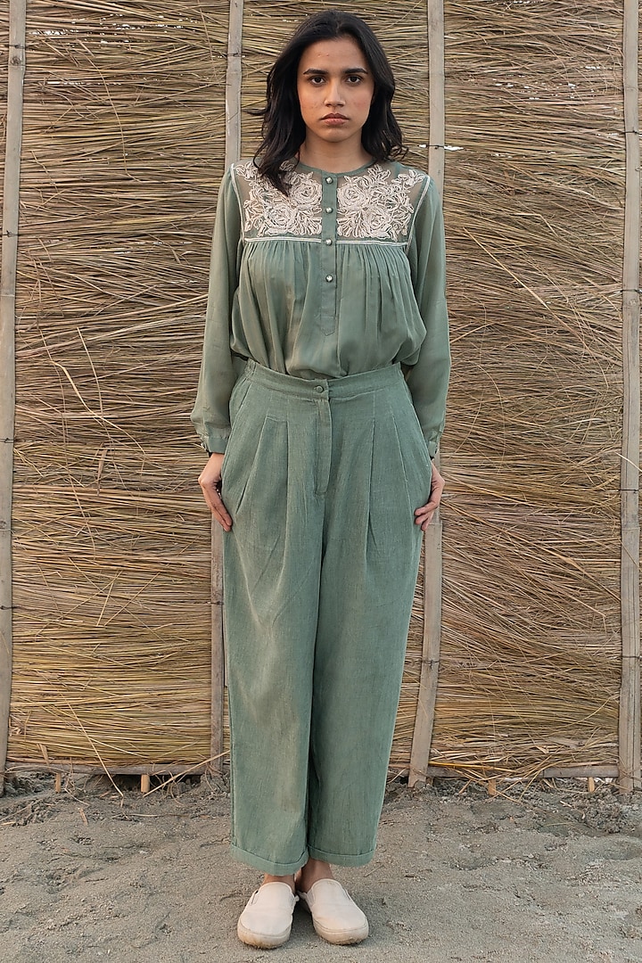 Green Corduroy Pleated Trousers by AYAKA
