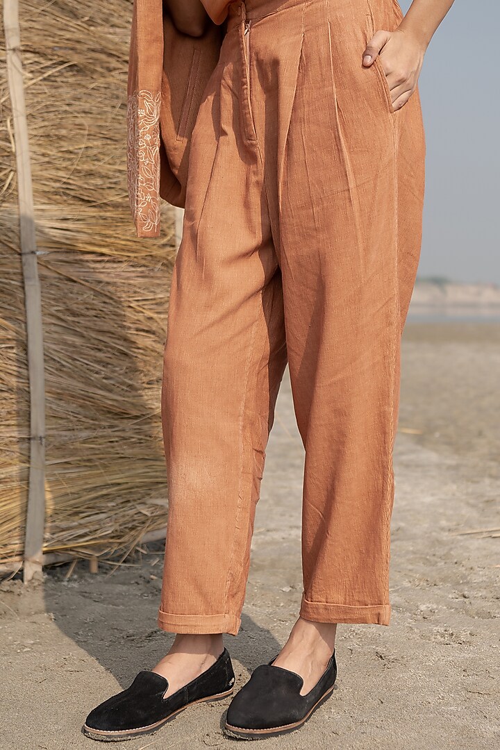 Brown Corduroy Pleated Trousers by AYAKA at Pernia's Pop Up Shop