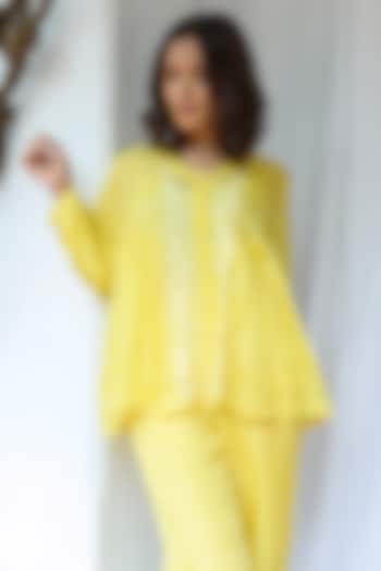 Yellow Viscose Tabby Hand Embroidered Top by AYAKA
