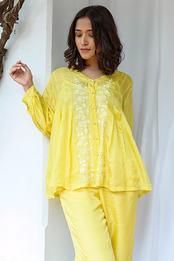 Yellow Viscose Tabby Hand Embroidered Top by AYAKA