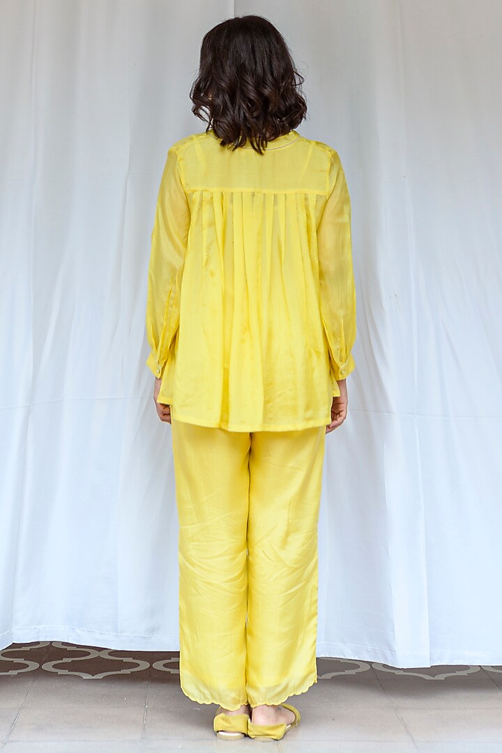 Yellow Viscose Tabby Hand Embroidered Top by AYAKA at Pernia's Pop Up Shop