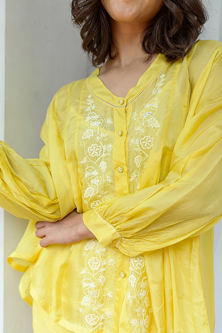 Yellow Viscose Tabby Hand Embroidered Top by AYAKA at Pernia's Pop Up Shop