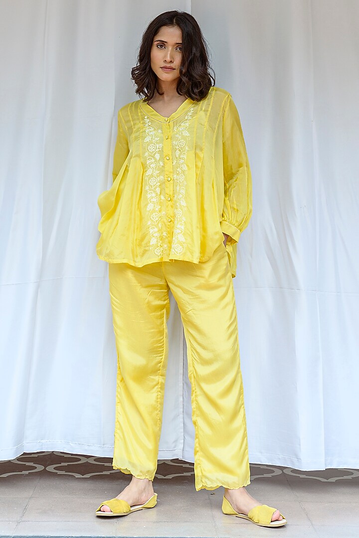 Yellow Viscose Tabby Hand Embroidered Top by AYAKA at Pernia's Pop Up Shop