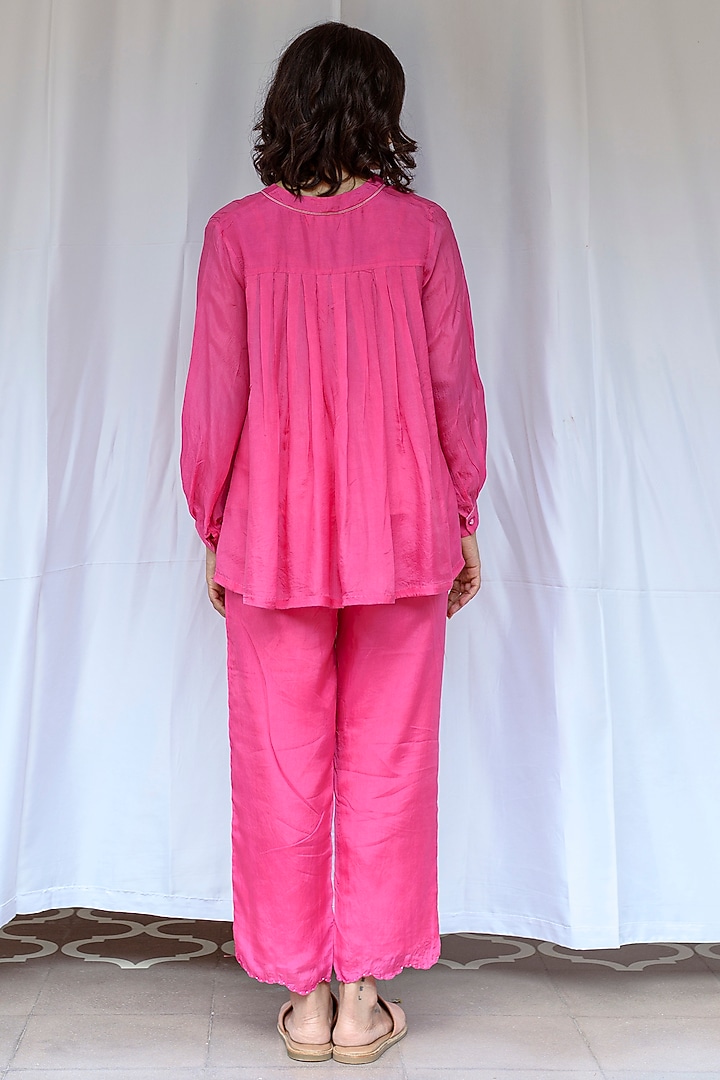 Pink Viscose Tabby Hand Embroidered Top by AYAKA at Pernia's Pop Up Shop