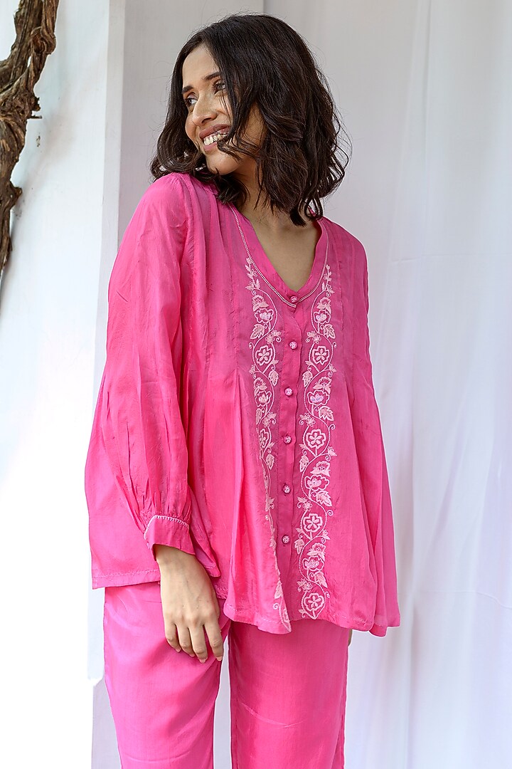 Pink Viscose Tabby Hand Embroidered Top by AYAKA at Pernia's Pop Up Shop