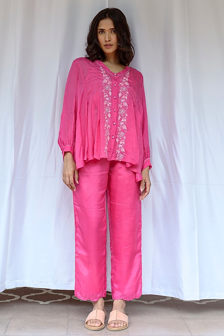 Pink Viscose Tabby Hand Embroidered Top by AYAKA at Pernia's Pop Up Shop