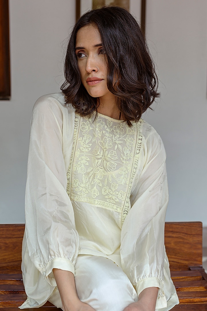 Light Yellow Viscose Tabby Hand Embroidered Top by AYAKA
