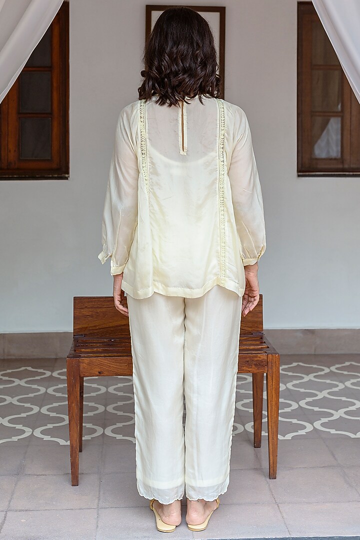Light Yellow Viscose Tabby Hand Embroidered Top by AYAKA at Pernia's Pop Up Shop