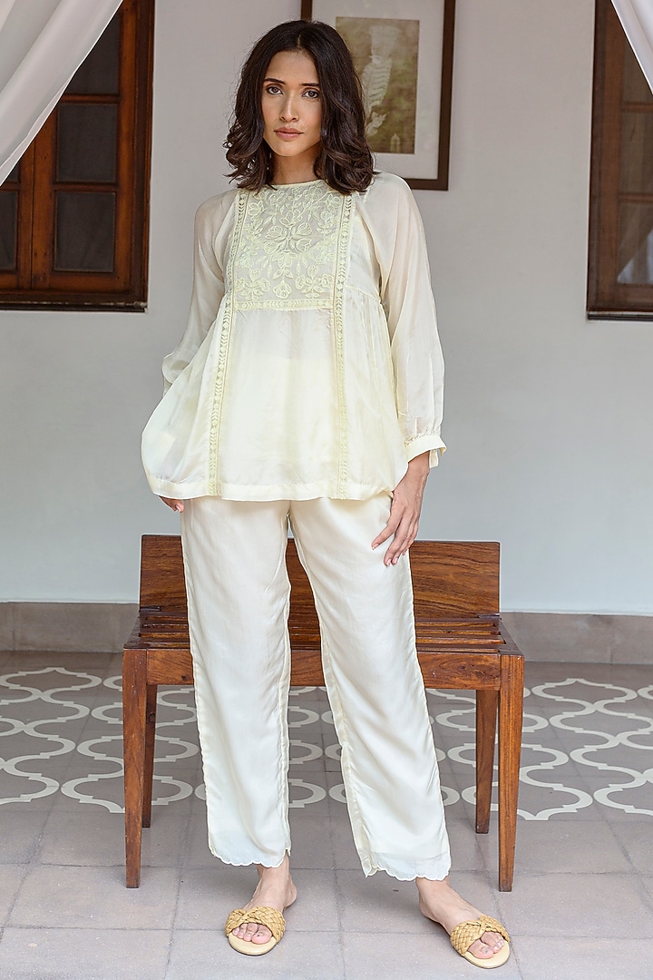 Light Yellow Viscose Tabby Hand Embroidered Top by AYAKA at Pernia's Pop Up Shop