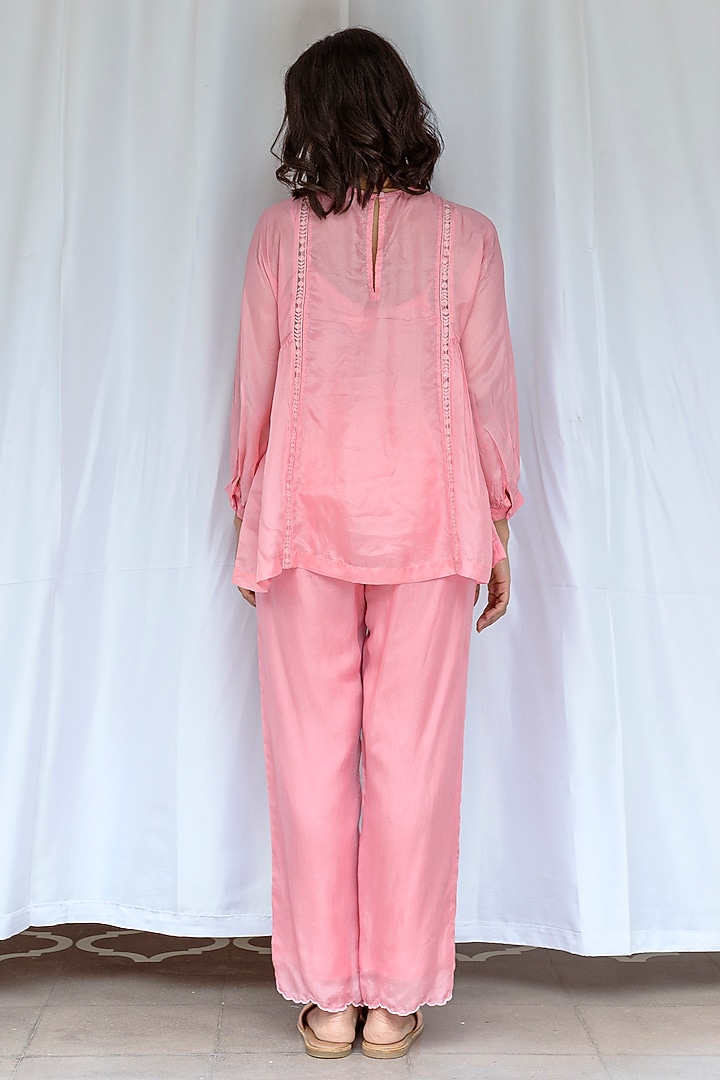 Rose Pink Viscose Tabby Hand Embroidered Top by AYAKA at Pernia's Pop Up Shop