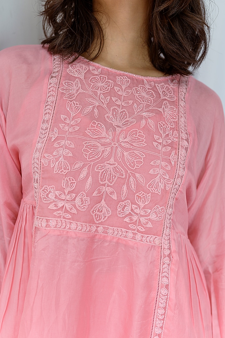 Rose Pink Viscose Tabby Hand Embroidered Top by AYAKA at Pernia's Pop Up Shop