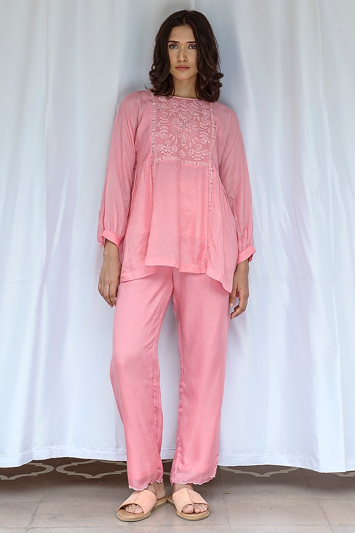 Rose Pink Viscose Tabby Hand Embroidered Top by AYAKA at Pernia's Pop Up Shop