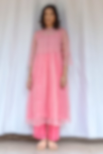 Pink Silk Organza Hand Embroidered Tunic by AYAKA