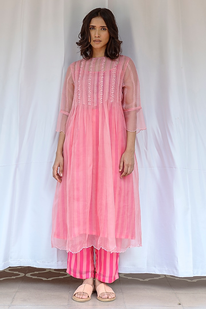 Pink Silk Organza Hand Embroidered Tunic by AYAKA