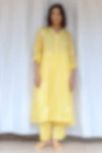 Yellow Viscose Tabby Hand Embroidered & Striped Tunic by AYAKA