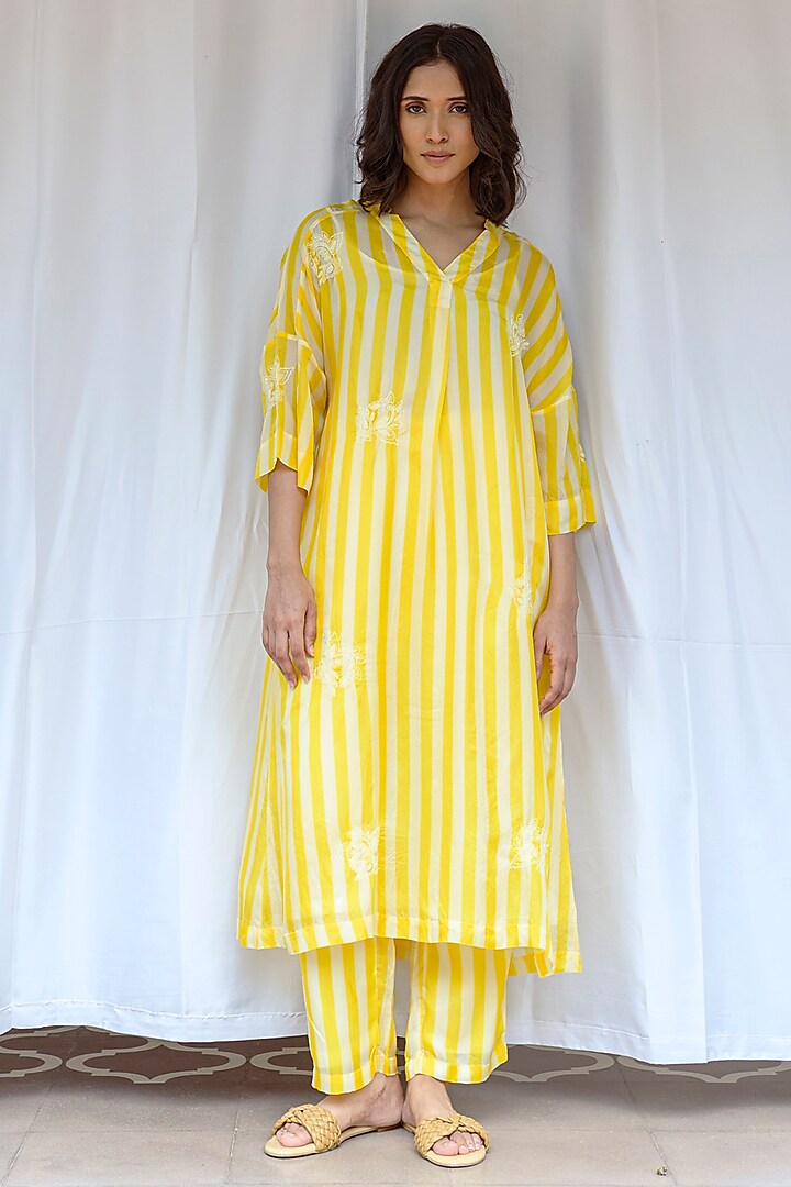 Yellow Viscose Tabby Hand Embroidered & Striped Tunic by AYAKA