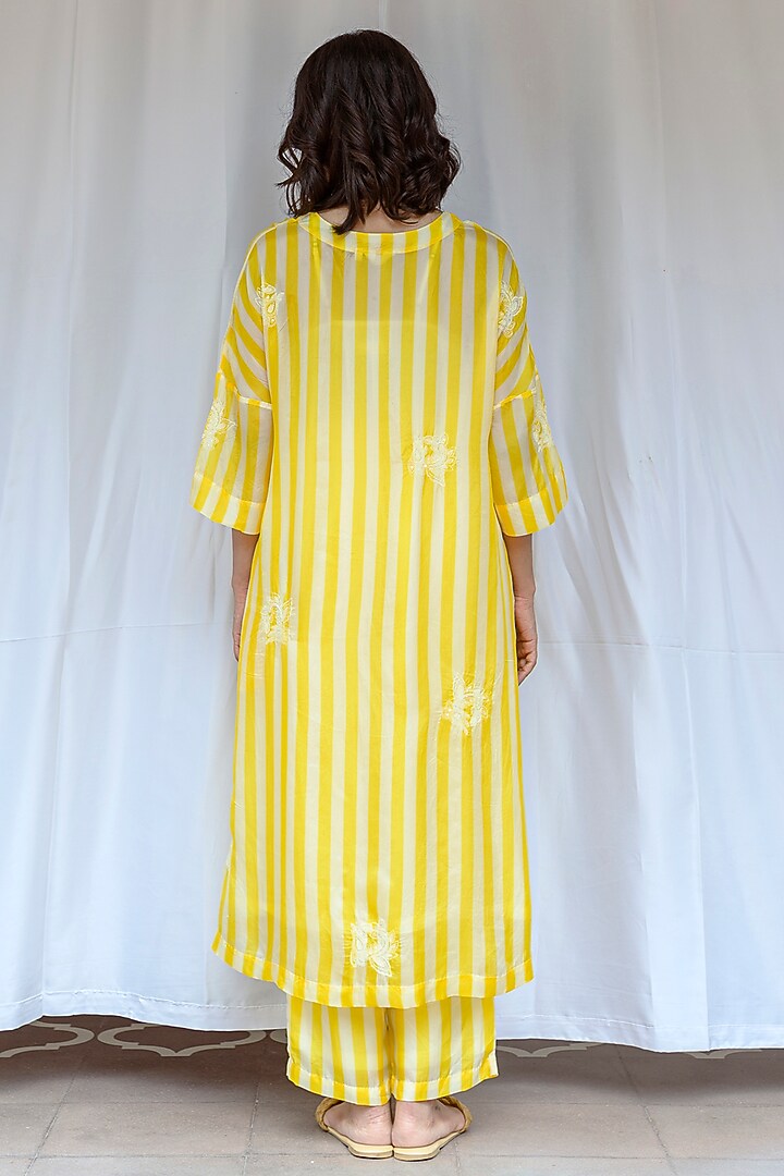 Yellow Viscose Tabby Hand Embroidered & Striped Tunic by AYAKA at Pernia's Pop Up Shop