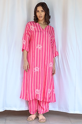 Pink Viscose Tabby Hand Embroidered & Striped Tunic by AYAKA