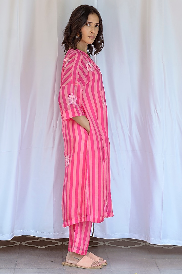 Pink Viscose Tabby Hand Embroidered & Striped Tunic by AYAKA at Pernia's Pop Up Shop
