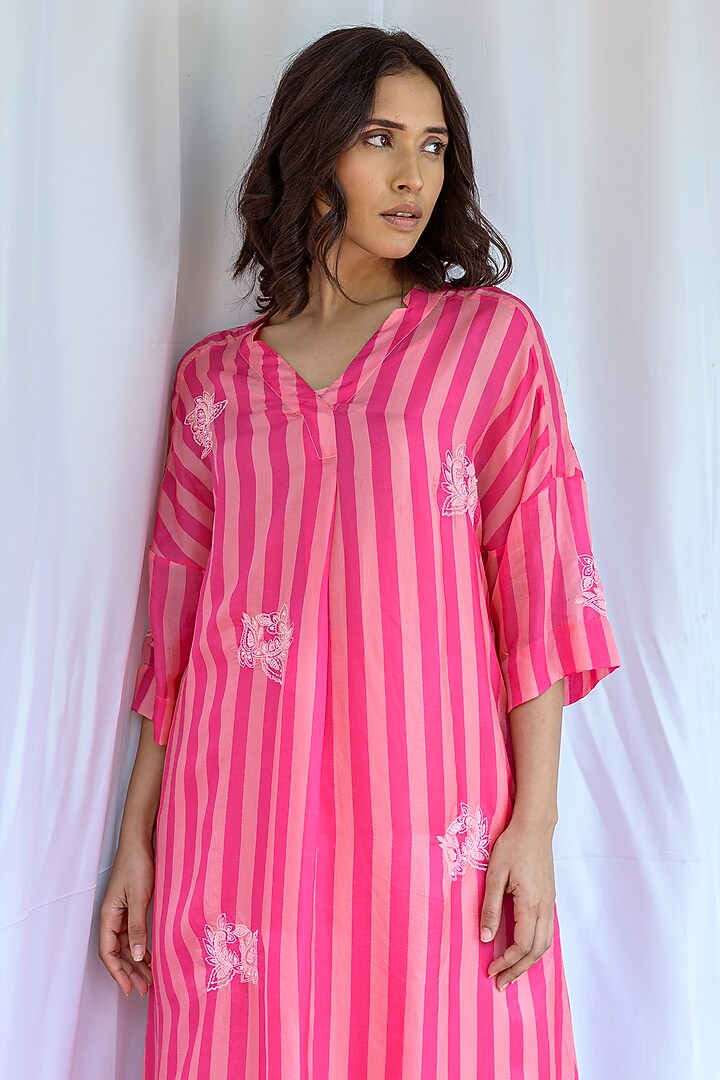 Pink Viscose Tabby Hand Embroidered & Striped Tunic by AYAKA at Pernia's Pop Up Shop
