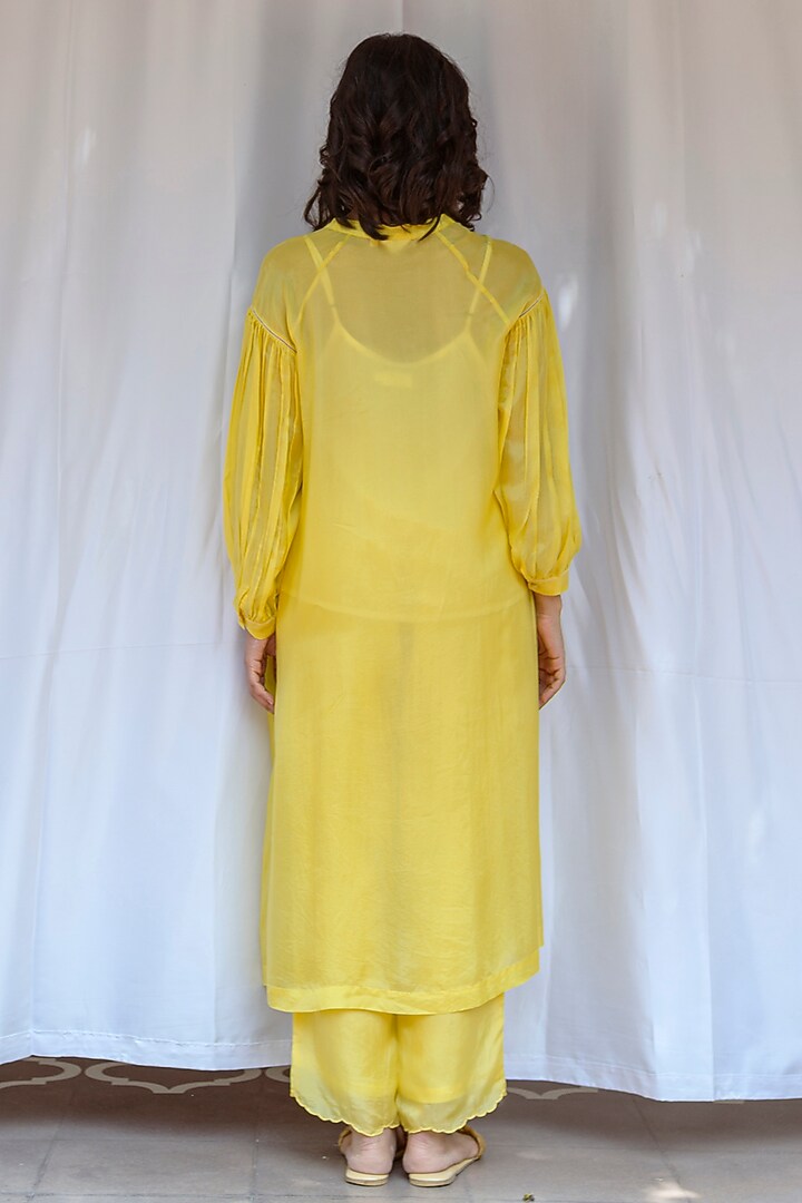 Yellow Viscose Tabby Hand Embroidered Tunic by AYAKA at Pernia's Pop Up Shop