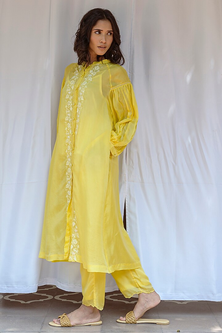 Yellow Viscose Tabby Hand Embroidered Tunic by AYAKA at Pernia's Pop Up Shop